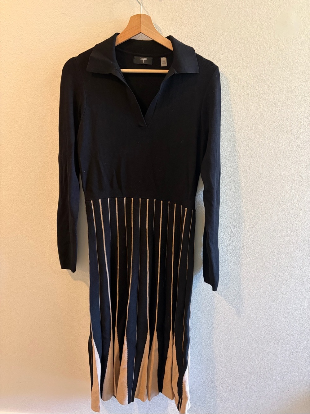 Tahari Black Knit Long Sleeve Collared Dress with Tan Stripes